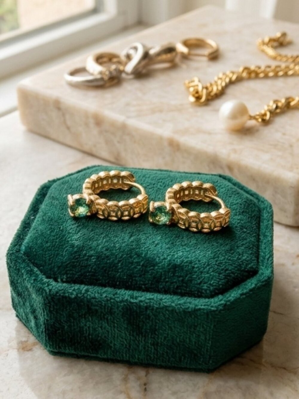 Vintage-Inspired Gold Plated Link Hoop Earrings with Emerald Green Accents